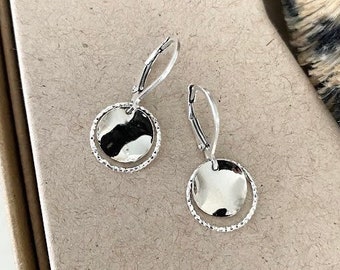 Small Silver Earrings, Simple Everyday Dangle Earrings, Petite Textured Silver Hoops with Wavy Disc Charm