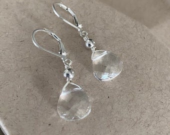 Clear Swarovski Crystal Dangle Earrings, Sterling Silver Small Teardrop Earrings, Simple Everyday Earrings