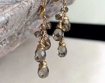 Smoky Quartz Dangle Earrings, 14k Gold Filled Gemstone Cascading Cluster Earrings, Brown and Gold Earrings