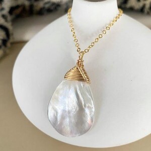 Large Mother of Pearl Necklace – Oversized Teardrop Pendant in Gold Filled or Sterling Silver, Dainty June Birthstone Jewelry Gift