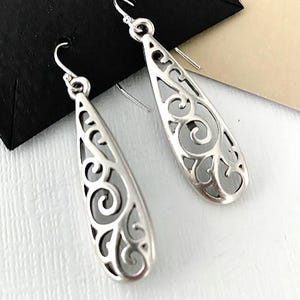 Long Silver Filigree Teardrop Earrings, Dangle Drop Earrings, Elegant Silver Statement Earrings, Gift for Her, Special Occasion Jewelry