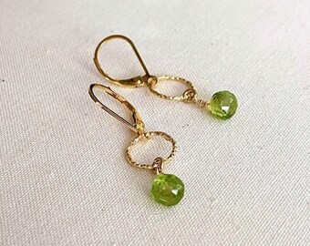 Small Peridot Hoop Earrings, Gold or Silver Dainty Gemstone Dangle Earrings, August Birthstone Jewelry Gifts for Her