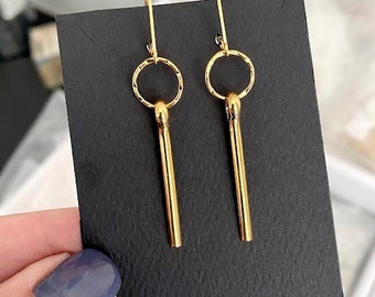 Modern Gold Stick Earrings, Small Hoops with Bar Dangle, Gold Geometric Lever Back Earrings