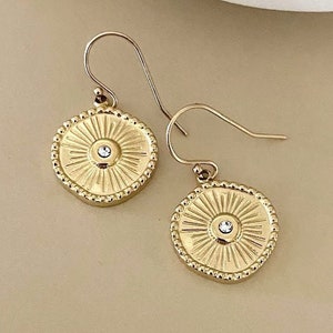 Gold Sun Dangle Earrings: CZ Sunburst Charm, Celestial Jewelry