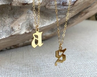 Gold Initial Necklace for Women, Personalized Letter Charm Necklace, Custom Old English Initial Pendant Necklace