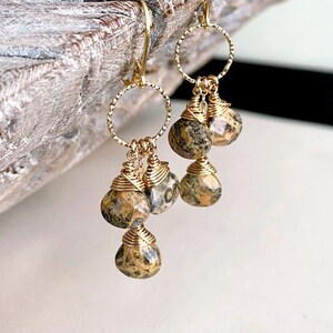 Leopard Skin Jasper Hoop Earrings, Gold Cascading Cluster Gemstone Dangle Earrings, Jewelry Gifts for Her image 5