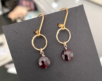 Mozambique Garnet Dangle Earrings, Small Vermeil Gold or Sterling Silver Gemstone Earrings, Birthday Jewelry Gifts for Her