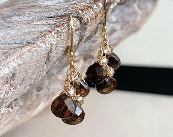 Bronzite Cluster Dangle Earrings Gold, Dainty Bronzite Teardrop Cascade Earrings, Metallic Golden Brown Stone Earrings, Bronzite Jewelry
