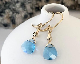Aquamarine Dangle Earrings, Dainty Teardrop Crystal Earrings, Gold or Silver Swarovski Crystal Drop Earrings, March Birthstone Jewelry Gift