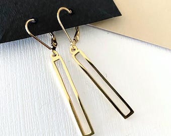 Gold Open Bar Earrings, Dainty Vertical Bar Dangles, Minimalist Everyday Jewelry