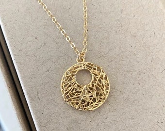 Bali Style Filigree Necklace, 24K Gold Plated Round Open Circle Pendant, Gold Charm Necklace