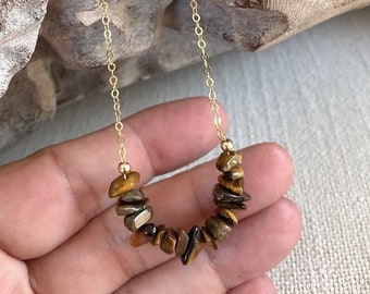 Tigers Eye Necklace for Women Gold Filled or Sterling Silver, Brown and Gold Gemstone Layering Necklace