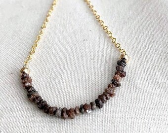 Brown Diamond Necklace Gold Filled, Tiny Diamond Nugget Necklace, Raw Gemstone Layering Necklace