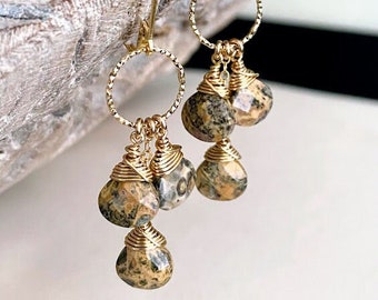 Leopard Skin Jasper Hoop Earrings, Gold Cascading Cluster Gemstone Dangle Earrings, Jewelry Gifts for Her