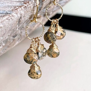 Leopard Skin Jasper Hoop Earrings, Gold Cascading Cluster Gemstone Dangle Earrings, Jewelry Gifts for Her image 1