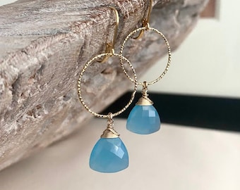 Blue Chalcedony Hoop Earrings, Large Vermeil Gold or Sterling Silver Gemstone Hoops, Statement Earrings, Jewelry Gifts for Her