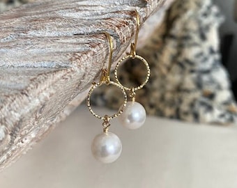 Pearl Hoop Earrings, Gold or Silver Hoops with Pearl Drop Dangle, Large Pearl Earrings