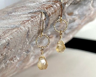 Small Hoops with Citrine Drop, Gold Dangle Earrings, Dainty Gemstone Earrings, Jewelry Gifts for Her