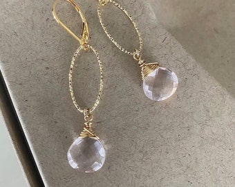 Pink Quartz Earrings Dangle, Dainty Gold Hoop Earrings with Stone, Pink and Gold Earrings, Birthday Jewelry Gifts for Her