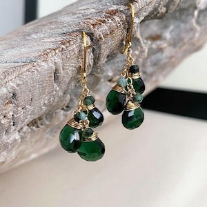 Emerald Quartz Teardrop Cluster Earrings, Gold or Silver, Dangle Gemstone Earrings, Boho Chic Jewelry, May Birthstone Gift for Her
