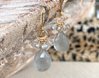 Aquamarine Cluster Earrings, Valentines Day Gifts for Her, Moss Aquamarine Drop Dangle Gold, March Birthstone, Aquamarine Jewelry, Valentine
