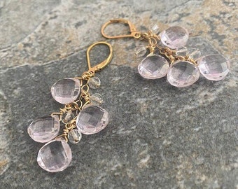 Pink Topaz Quartz Cluster Earrings, 14k Gold Filled Gemstone Cascade Dangle Earrings, Jewelry Gifts for Her