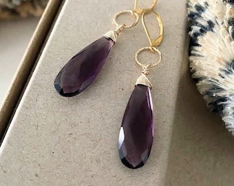 Amethyst Quartz Earrings Dangle, Large Gemstone Statement Earrings, Purple and Gold Earrings, Jewelry Gifts for Her