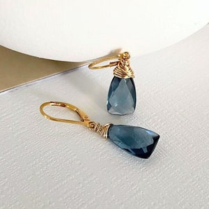 London Blue Topaz Quartz Earrings, Gold or Silver Dangle Earrings, Blue Gemstone Drop Earrings, Dainty Minimalist Jewelry Gift for Her