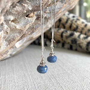 Denim Blue Opal Hoop Earrings, Long Gold or Silver Gemstone Earrings, October Birthstone Jewelry Gifts image 3