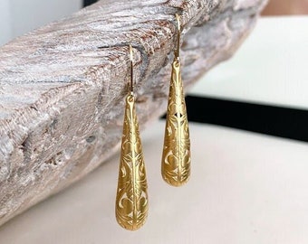 Long Gold Filigree Earrings, Bali Style Puff Filigree Teardrop Earrings, Valentine's Day Gift for Her