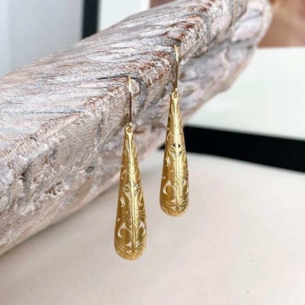 Gold Filigree Earrings, Long Bali Style Puff Teardrop Earrings, 18k Vermeil Gold Dangle Earrings, Jewelry Gifts for Her