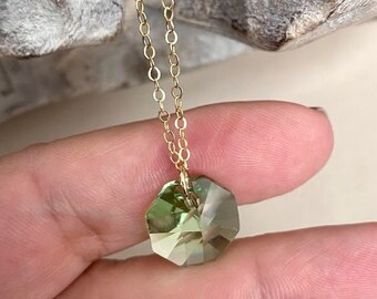 Green Crystal Necklace, Light Peridot Swarovski Crystal Necklace Gold Filled or Sterling Silver, Layering Necklace, Gifts for Her