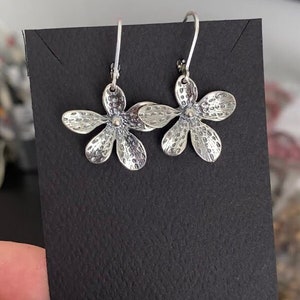 Silver Flower Earrings, Flower Charm Earrings, Small Silver Dangle Earrings, Dainty Sterling Silver Jewelry Gift for Her