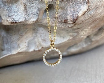 Open Circle Charm Necklace, Small Gold or Silver CZ Necklace, Dainty Gemstone Layering Necklace, Jewelry Gifts for Her