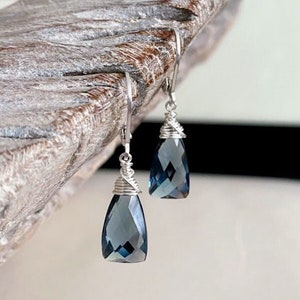 Blue Gemstone Dangle Earrings Sterling Silver, London Blue Topaz Quartz Drop Earrings, Minimalist Jewelry Gift