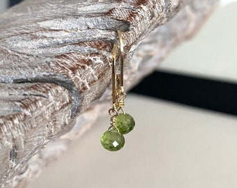 Tiny Peridot Dangle Earrings Gold, Petite Green Stone Earrings, Small Ear Stack Earrings, Peridot Jewelry