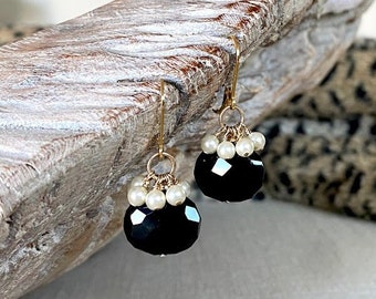 Garnet and Pearl Cluster Earrings Gold, Black and White Gemstone Dangle Earrings, Birthday Jewelry Gifts for Her