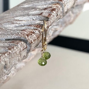 Peridot Dangle Earrings Gold Filled, Petite Green Gemstone Drop Earrings, Ear Stack Earrings, Minimalist Everyday Jewelry