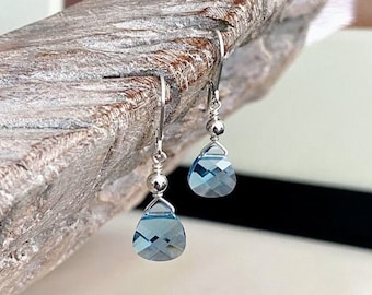 Aquamarine Dangle Earrings Swarovski Crystal Sterling Silver, March Birthstone, Small Blue Teardrop Earrings, Birthday Jewelry Gifts for Her