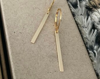 Gold Rectangle Earrings, 14k Gold Filled Bar Dangle Earrings, Simple Everyday Gold Jewelry, Gifts for Mom