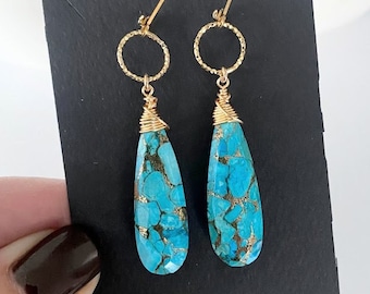 Copper Turquoise Hoop Dangle Earrings Gold, Valentine's Day Jewelry Gift for Mom, Wife, Daughter, Sister, Best Friend, Girlfriend