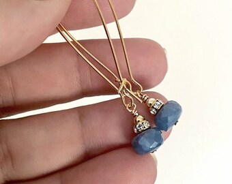 Denim Blue Opal Hoop Earrings, Long Gold or Silver Gemstone Earrings, October Birthstone Jewelry Gifts