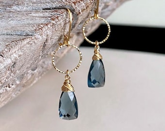 London Blue Topaz Quartz Hoop Dangle Earrings, Vermeil Gold or Sterling Silver Gemstone Drop Earrings, Jewelry Gifts for Her