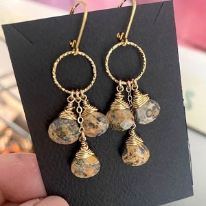 Leopard Skin Jasper Hoop Earrings, Gold Cascading Cluster Gemstone Dangle Earrings, Jewelry Gifts for Her image 2