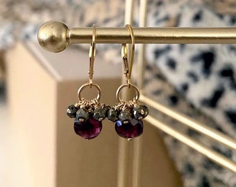 Tiny Garnet Earrings with Pyrite Cluster Gold, Small Gemstone Earrings, Garnet Jewelry, January Birthstone
