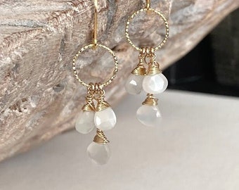 Moonstone Cascade Earrings Gold or Silver, Gemstone Cluster Hoop Earrings, Celestial Dangle Earrings