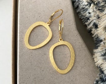 Hammered Gold Dangle Earrings, 24k Matte Gold Plated Geometric Hoop Earrings, Everyday Gold Jewelry