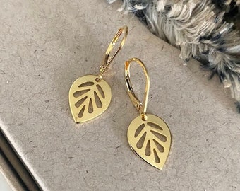 Small Leaf Earrings, 24k Gold Plated Dainty Leaf Charm Dangle Earrings, Simple Everyday Nature Jewelry