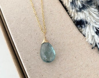 Small Moss Aquamarine Necklace 14k Gold Filled, Blue Teardrop Pendant, Aquamarine Jewelry, March Birthstone