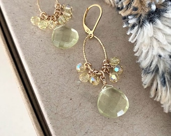 Lemon Quartz Cluster Earrings, Gold or Silver Gemstone Hoop Earrings, Hoops with Lemon Quartz Drop, Jewelry Gifts for Her